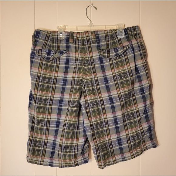 Gap Plaid Shorts Mens Size 38 Flat Front Casual Blue Green - Picture 2 of 4